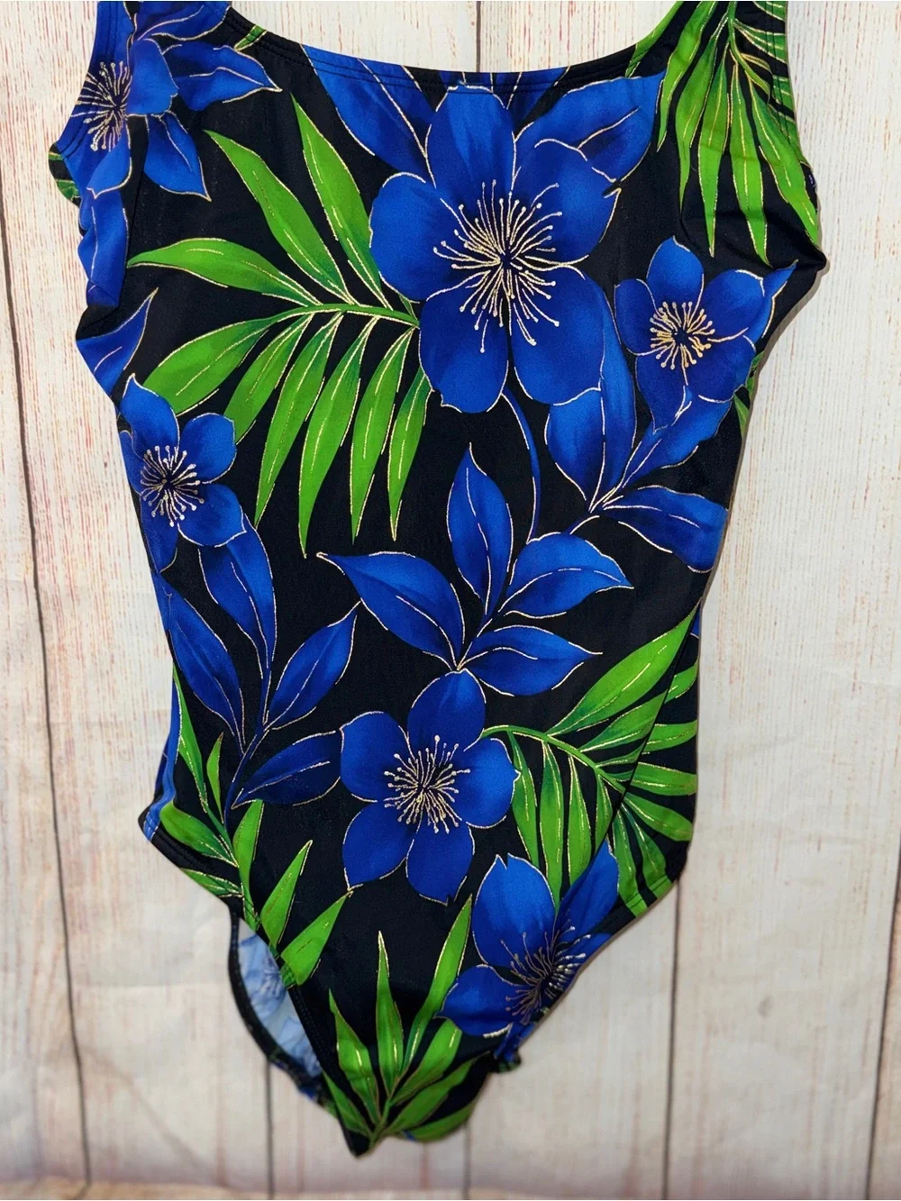 Longitude Long Torso Double X Back One Piece, Black Blue Good Floral, Sz 12 Tall - Picture 2 of 8